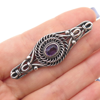 925 Sterling Silver Vintage Real Oval-Cut Amethyst Oxidized Pin Brooch