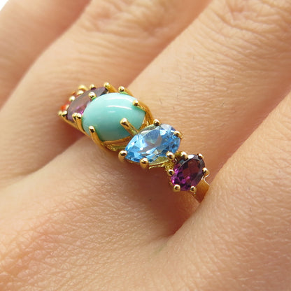 925 Sterling Silver Gold Plated Turquoise Topaz Amethyst & Opal Ring Size 9.25