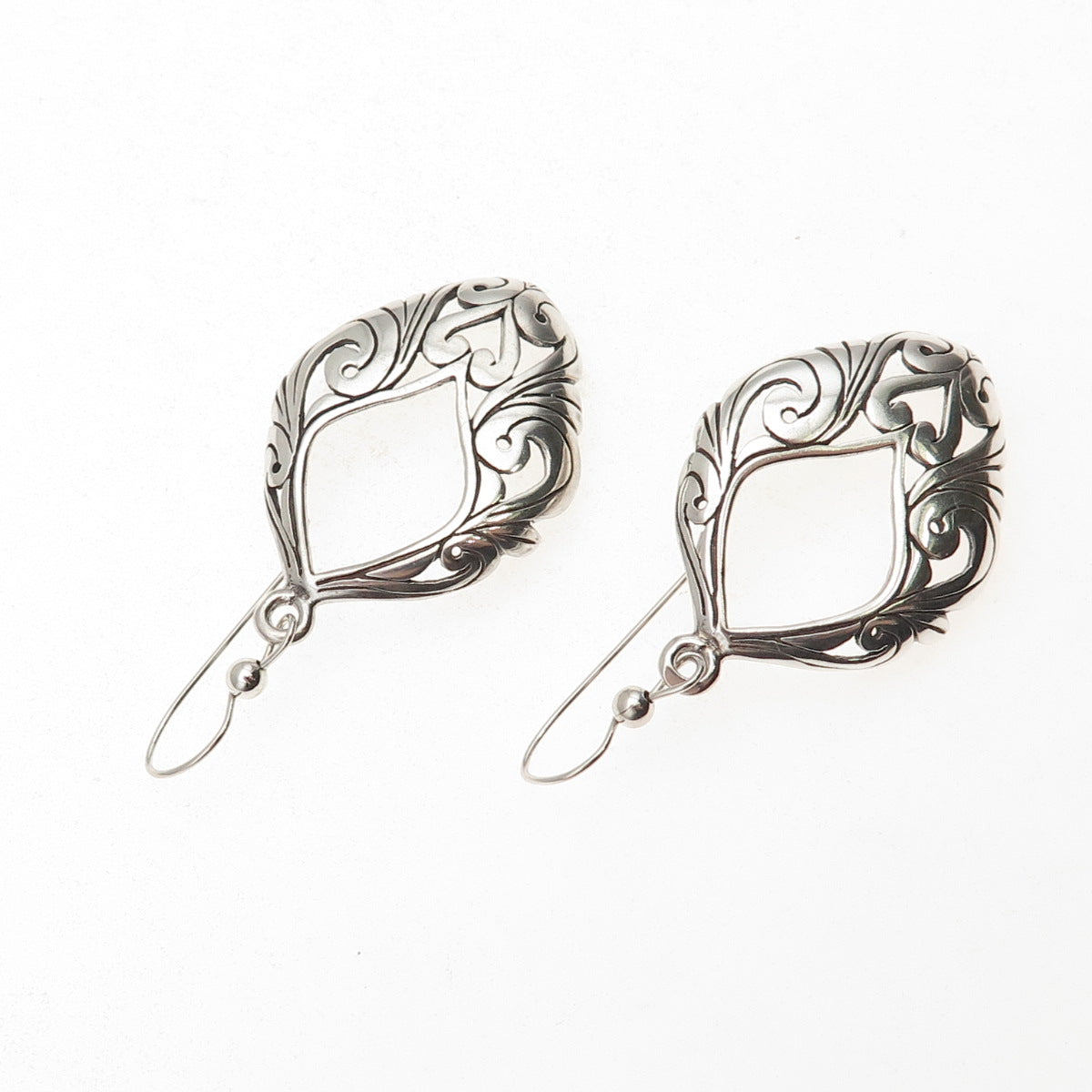 925 Sterling Silver Vintage Floral Heart Oxidized Dangle Earrings