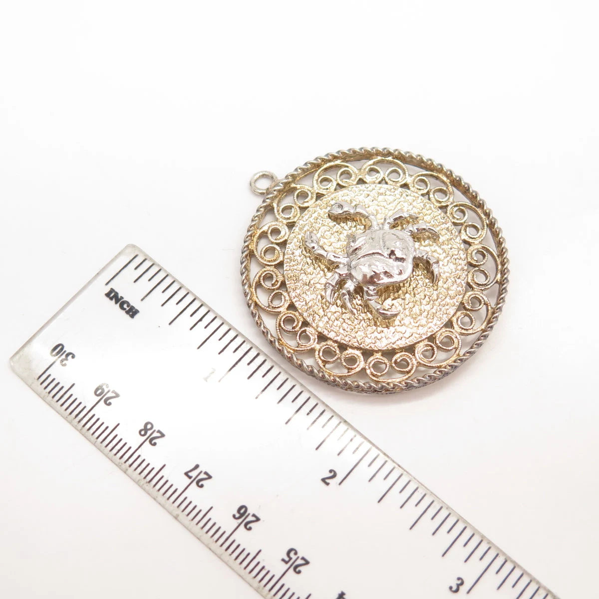 925 Sterling Silver 2-Tone Vintage Textured Cancer Zodiac Sign Round Pendant
