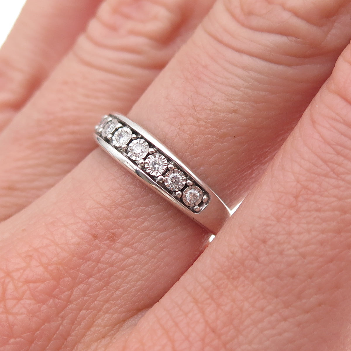 925 Sterling Silver Real Round-Cut Diamond Half Eternity Band Ring Size 6.5