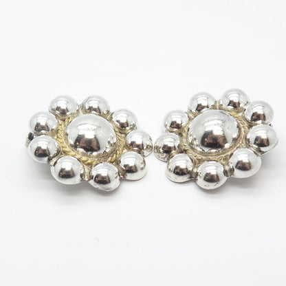 925 Sterling Silver 2-Tone Vintage Mexico Beaded Clip On Earrings