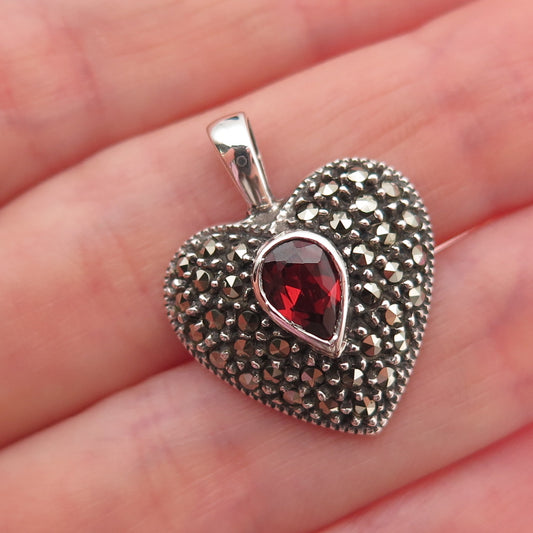 Judith Jack 925 Sterling Vintage Real Red Garnet Marcasite Heart Locket Pendant