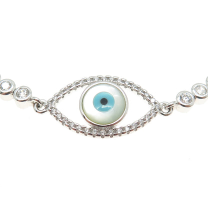 925 Sterling Silver Enamel MOP & C Z Evil's Eye Adjustable Bolo Bracelet 7-9.25"