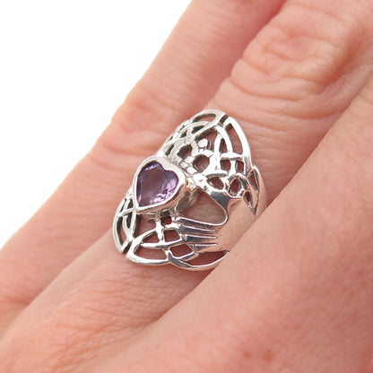 Peter Stone 925 Sterling Silver Vintage Real Amethyst Irish Claddagh Ring Size 6