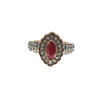 925 Sterling Silver Gold Plated Real Round-Cut Diamond & Ruby Ring Size 7.25