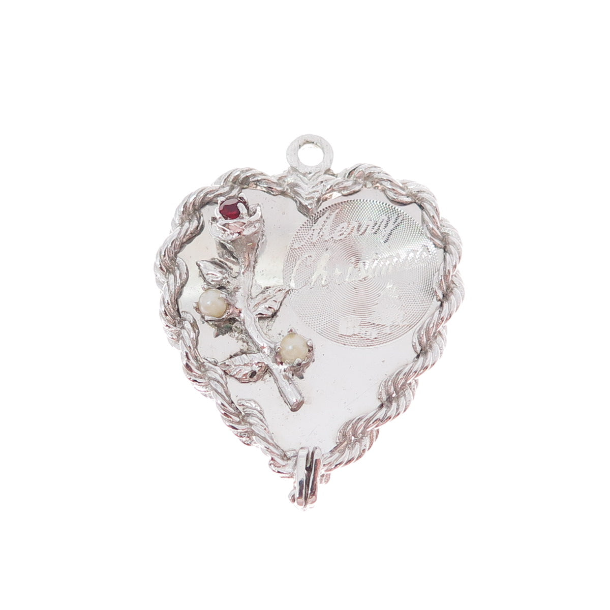 925 Sterling Silver Vintage Real Red Garnet Pearl Merry Christmas Heart Pendant