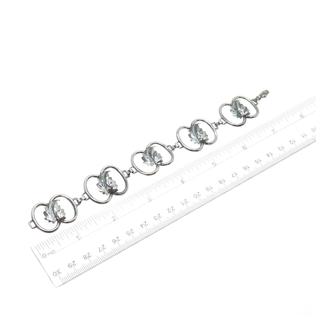 BEAU 925 Sterling Silver Antique Art Deco Floral Leaf Link Bracelet 6.75"