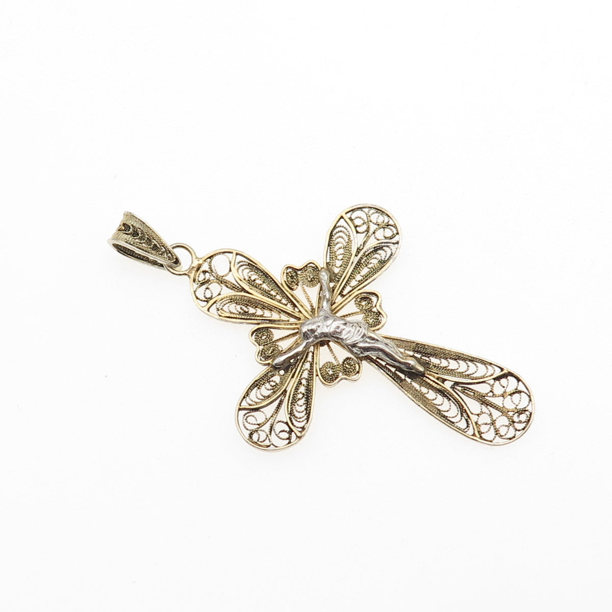 800 Silver 2-Tone Vintage Italy Crucifix Cross Filigree Charm Pendant