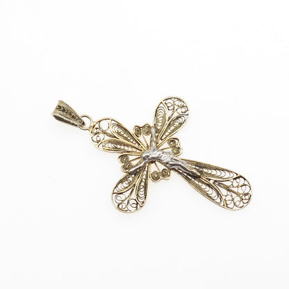 800 Silver 2-Tone Vintage Italy Crucifix Cross Filigree Charm Pendant