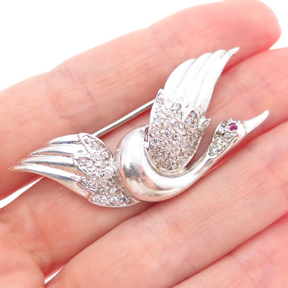 925 Sterling Silver Vintage Real Ruby & Rhinestone Swan Pin Brooch