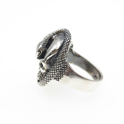 925 Sterling Silver Vintage Skull & Snake Oxidized Biker Ring Size 7.75