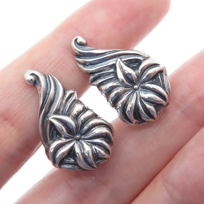 925 Sterling Silver Vintage Flower Repousse Oxidized Screw Back Earrings