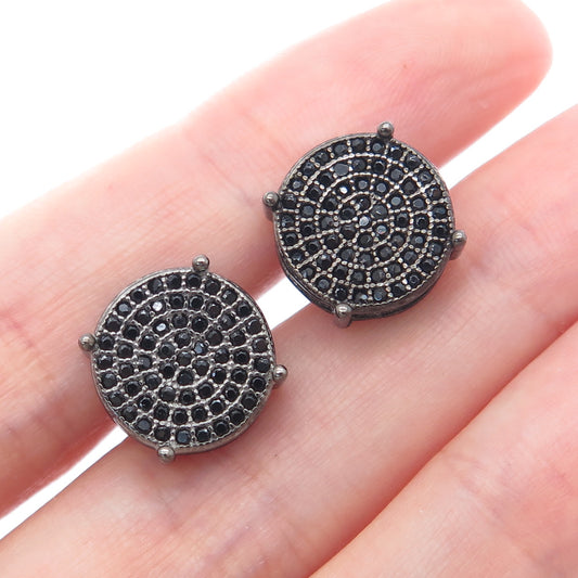 925 Sterling Silver Black Rhodium Real Round-Cut Black Spinel C Z Stud Earrings