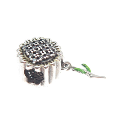 925 Sterling Silver 2-Tone Enamel & C Z Sunflower Dangle Bead Charm