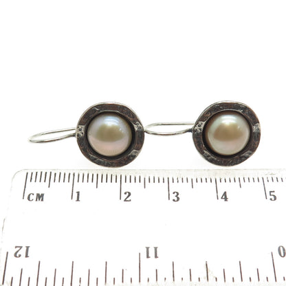 DIDAE 925 Sterling Silver Vintage Israel Real Pearl Hammered Finish Earrings