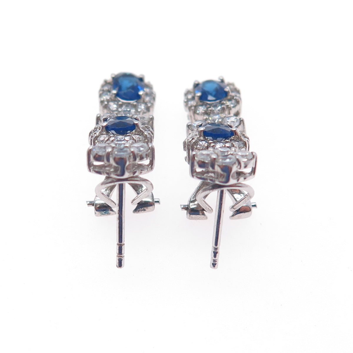 925 Sterling Silver Blue & White C Z Dangle Omega Back Earrings