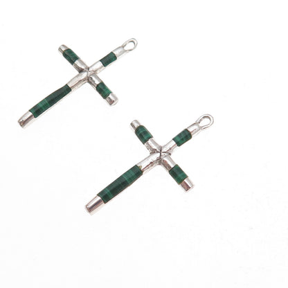 925 Sterling Silver Vintage Real Malachite Cross Jacket Earrings