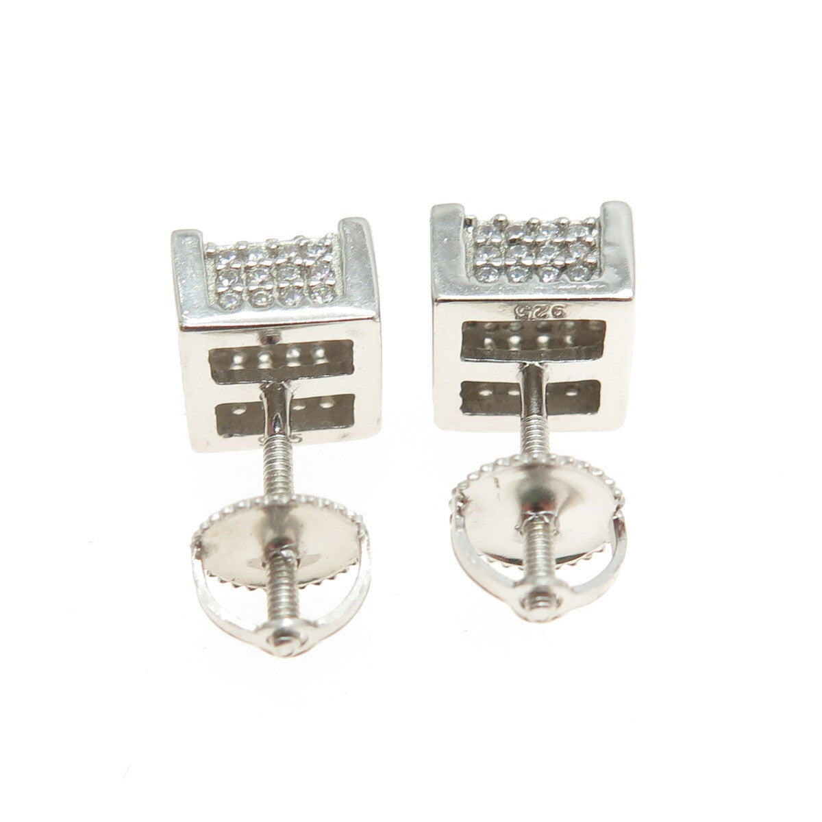 925 Sterling Silver Round-Cut C Z Princess Square Earrings