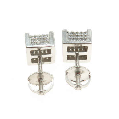 925 Sterling Silver Round-Cut C Z Princess Square Earrings