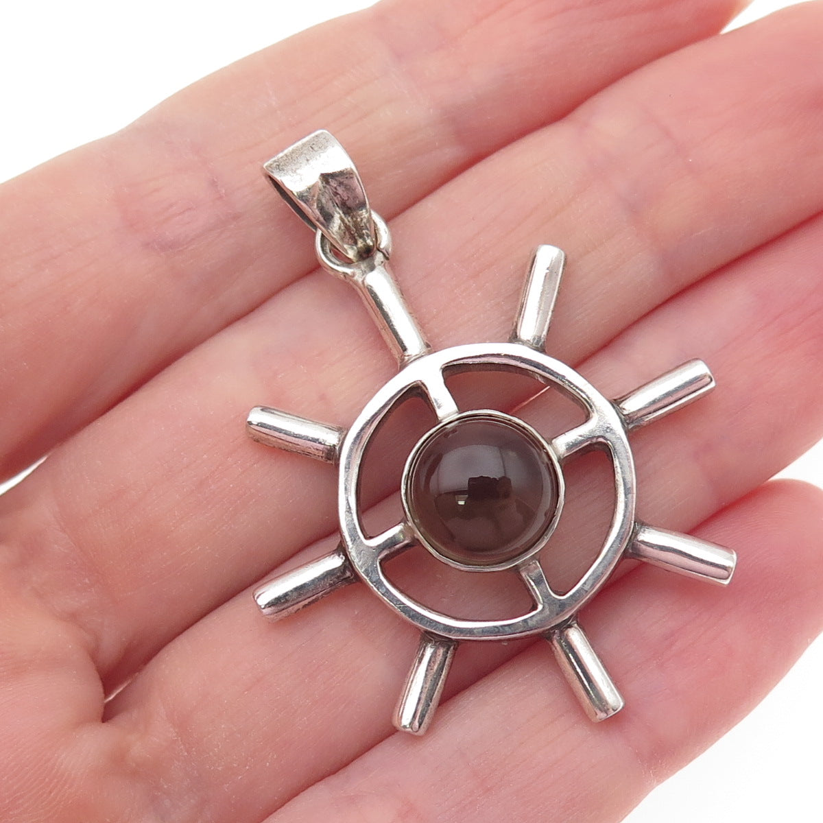 925 Sterling Silver Vintage Real Smoky Quartz Ship Wheel Charm Pendant