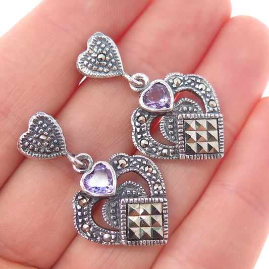 925 Sterling Silver Vintage Real Amethyst & Marcasite Heart Dangle Earrings