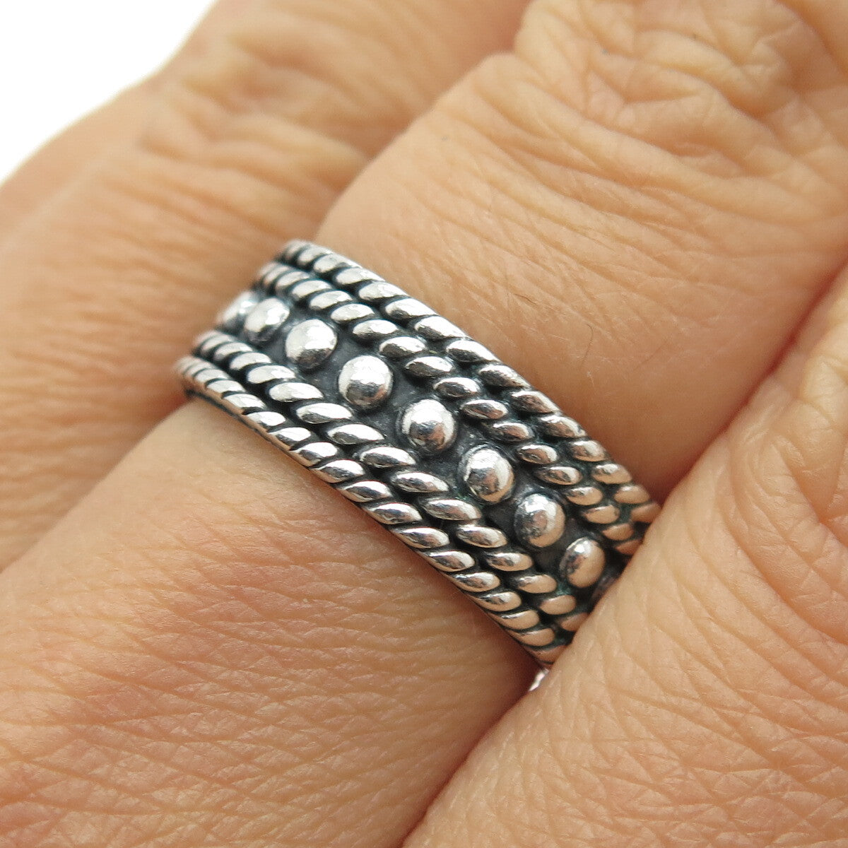 925 Sterling Silver Vintage Mexico Granulated Roped Band Ring Size 8.25