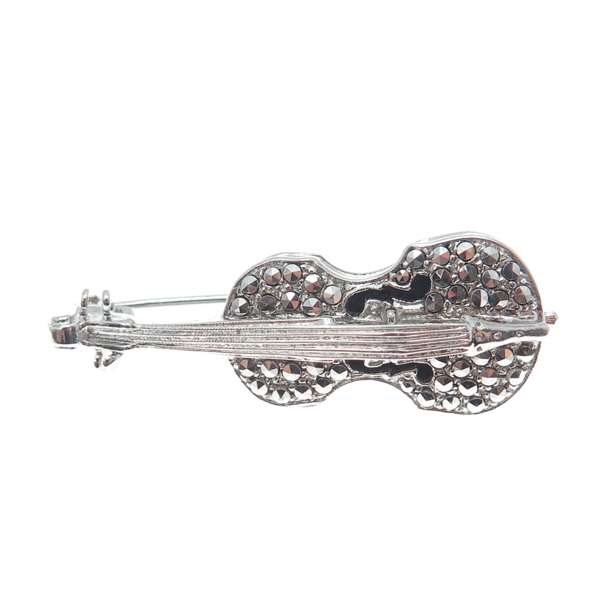 925 Sterling Silver Antique Art Deco Real Marcasite Gemstone Violin Pin Brooch