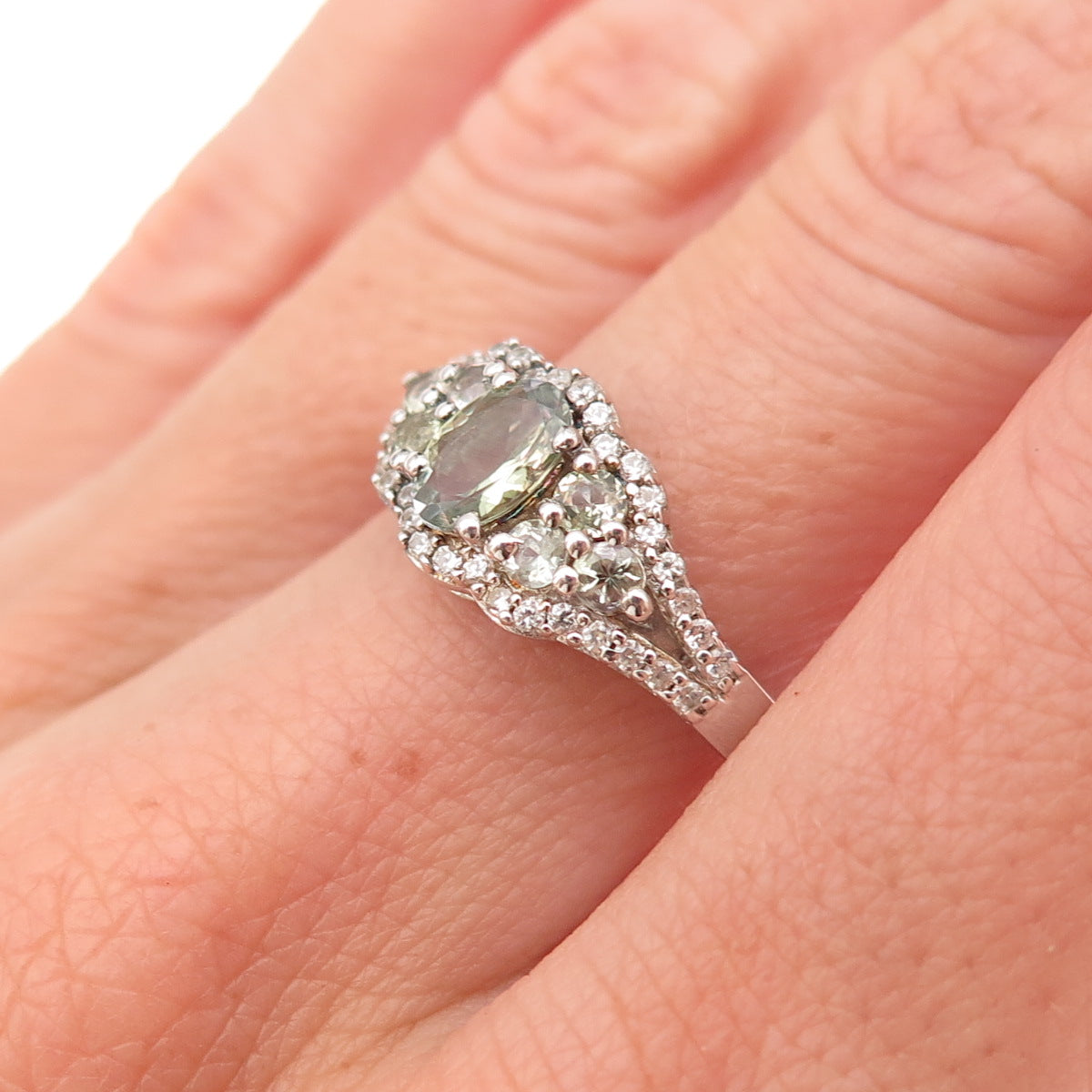 Chuck Clemency 925 Sterling Silver Real Green Amethyst & White Topaz Ring Size 7