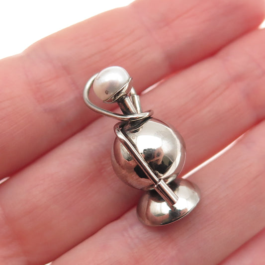 925 Sterling Silver Antique Art Deco Real Pearl Hookah 3D Charm Pendant