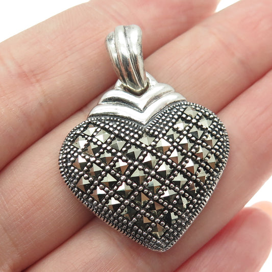 925 Sterling Silver Vintage Real Marcasite Gemstone Heart Pendant