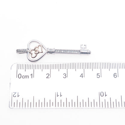 925 Sterling Silver 14K Gold Real Diamond Couple Heart Key Charm Pendant