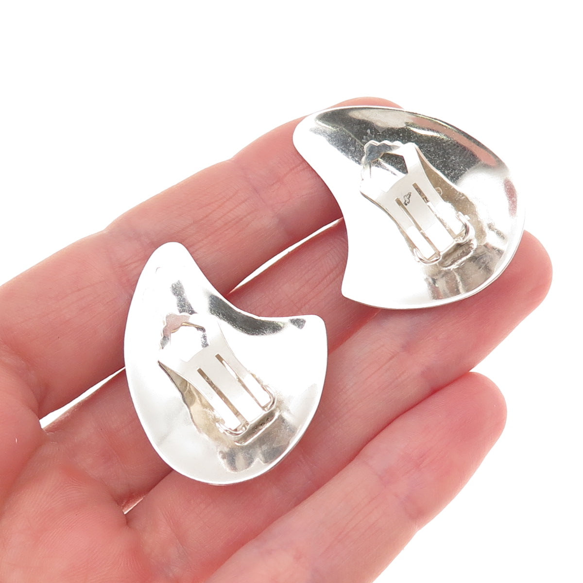 925 Sterling Silver Vintage Real Black Onyx Modernist Clip On Earrings