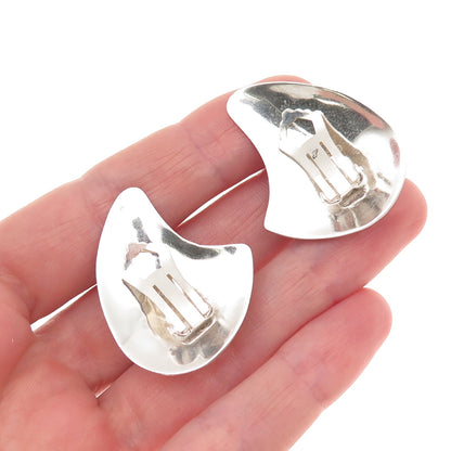925 Sterling Silver Vintage Real Black Onyx Modernist Clip On Earrings