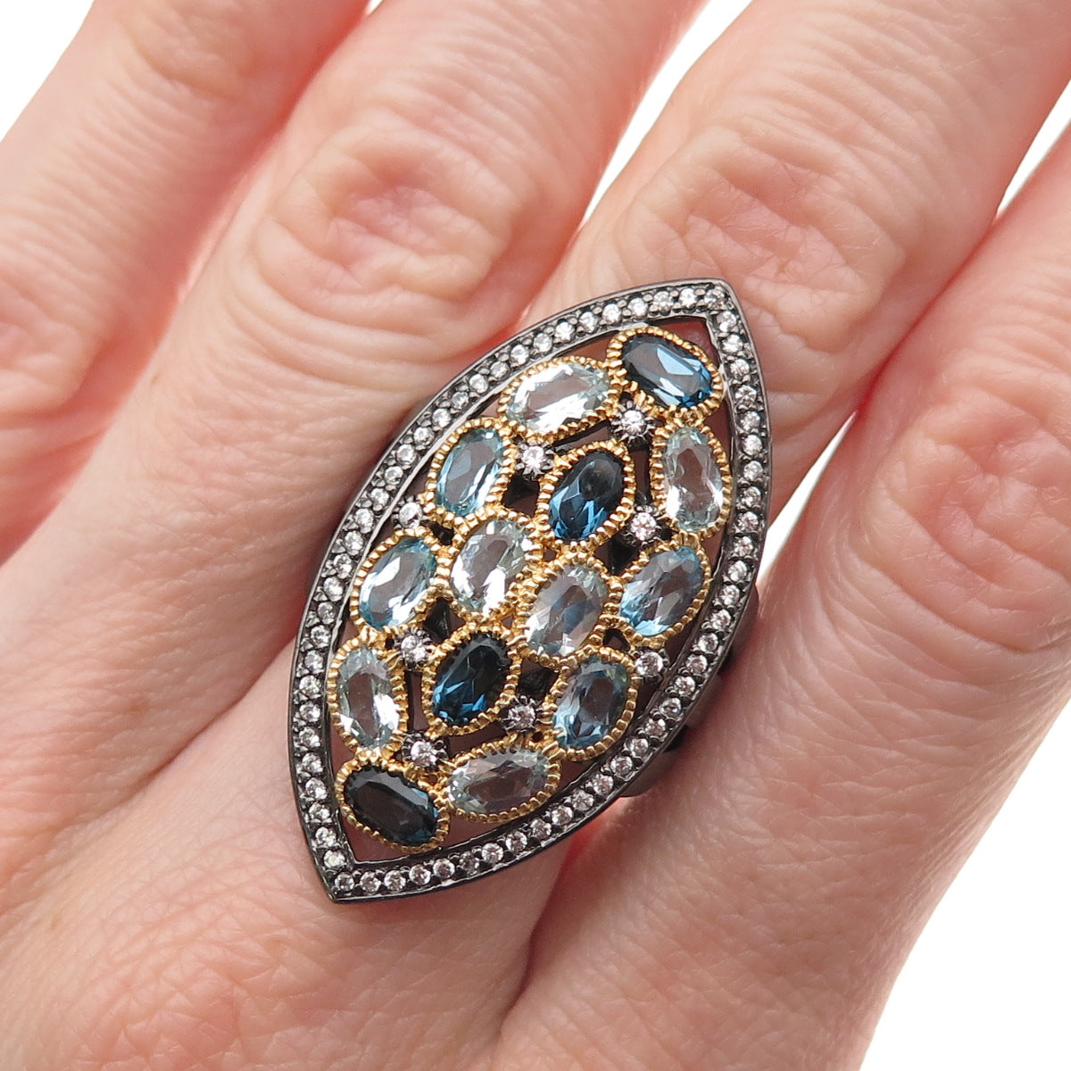 925 Sterling 2-Tone Black Rhodium Real London Blue & White Topaz Ring Size 6.25