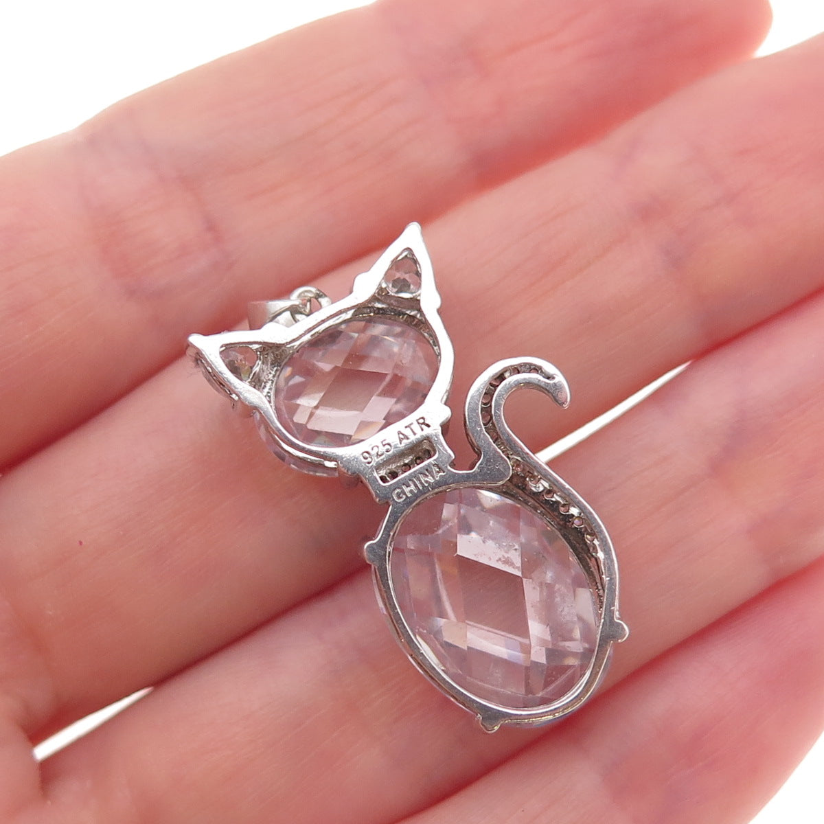925 Sterling Silver Lavender & White C Z Cat Charm Pendant