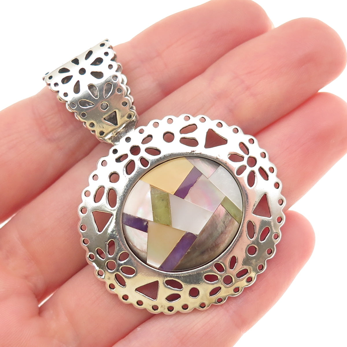 Carolyn Pollack 925 Sterling Vintage Real Turquoise Sugilite MOP Mosaic Pendant