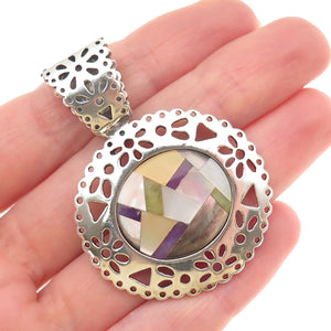 Carolyn Pollack 925 Sterling Vintage Real Turquoise Sugilite MOP Mosaic Pendant