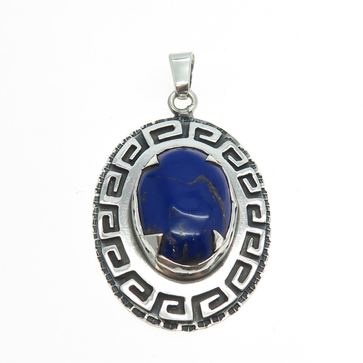 925 Sterling Silver Vintage Real Lapis Lazuli Gemstone Greek Maze Pendant