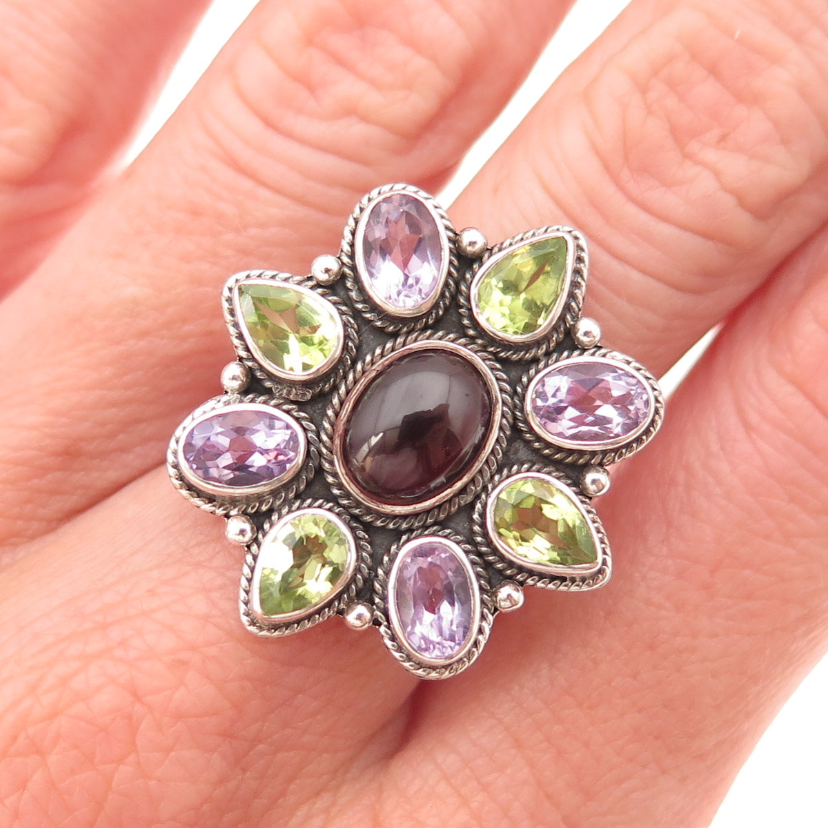 Doug Paulus 925 Sterling Vintage Real Rhodolite Amethyst Peridot Ring Size 7.25
