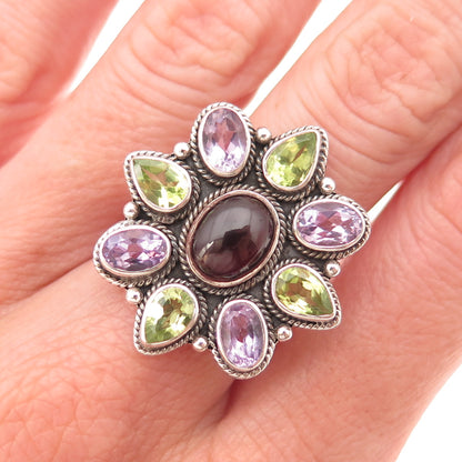 Doug Paulus 925 Sterling Vintage Real Rhodolite Amethyst Peridot Ring Size 7.25