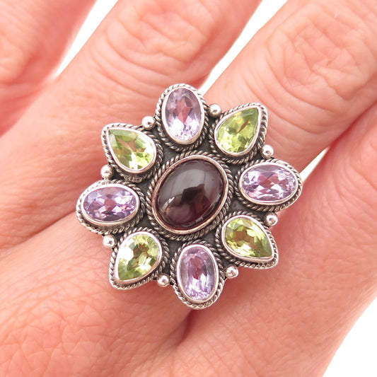 Doug Paulus 925 Sterling Vintage Real Rhodolite Amethyst Peridot Ring Size 7.25