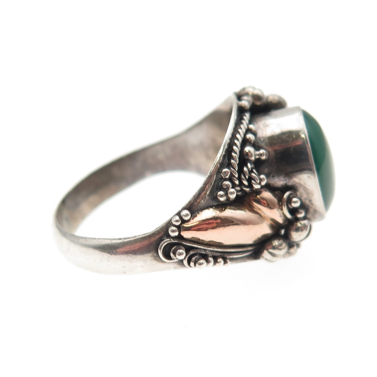 925 Sterling Silver & Gold Vintage Real Green Onyx Oxidized Ring Size 7.25