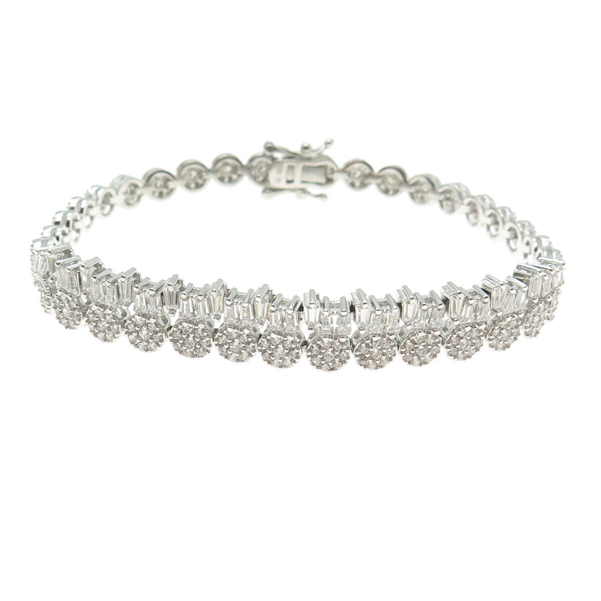 925 Sterling Silver Round & Tapered Baguette-Cut C Z Tennis Link Bracelet 7"