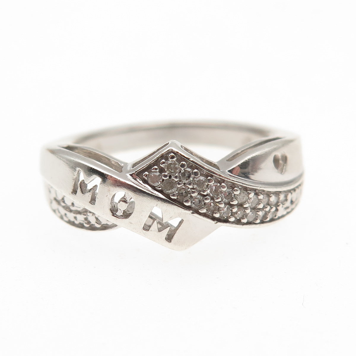 HN Heng Ngai 925 Sterling Silver Real Round-Cut Diamond Mom Heart Ring Size 7