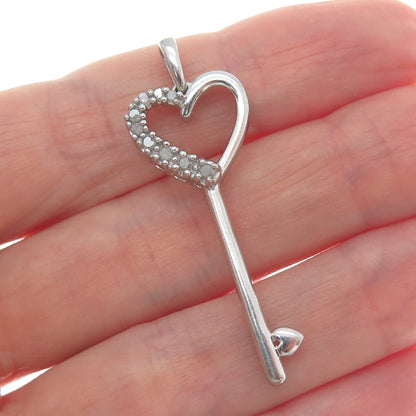 925 Sterling Silver Real Round-Cut Diamond Heart Key Charm Pendant