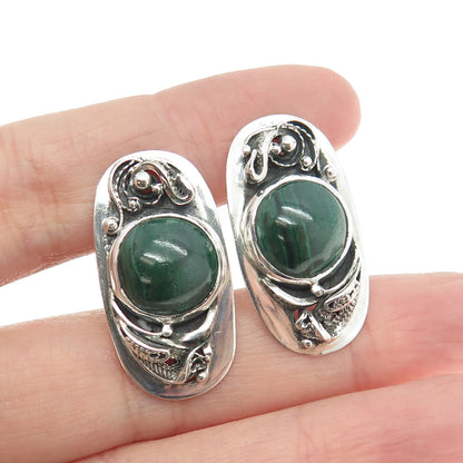 925 Sterling Silver Vintage Real Malachite Modernist Filigree Earrings