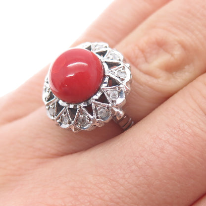 925 Sterling Silver Antique Art Deco Real Diamond & Coral Ring Size 6.25