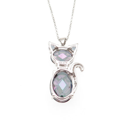 925 Sterling Silver Real Mystic Quartz & C Z Cat Cable Chain Necklace 18"