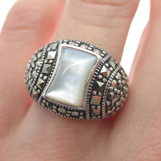 925 Sterling Silver Vintage Real Mother-of-Pearl & Marcasite Ring Size 6